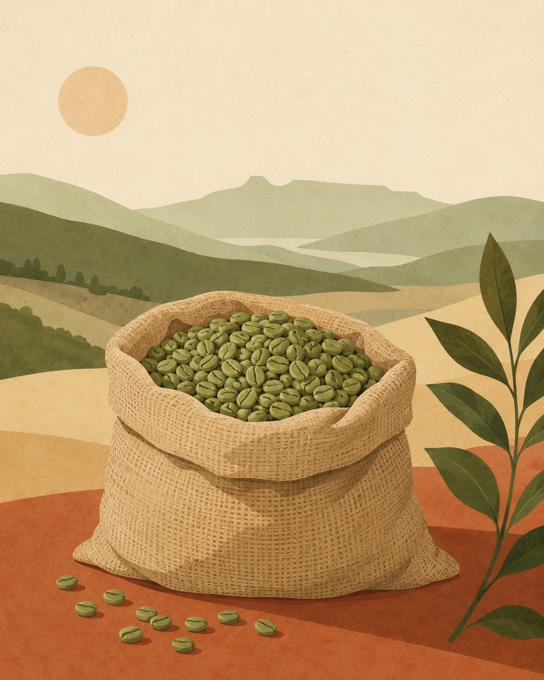 Fresh green coffee beans in a jute sack